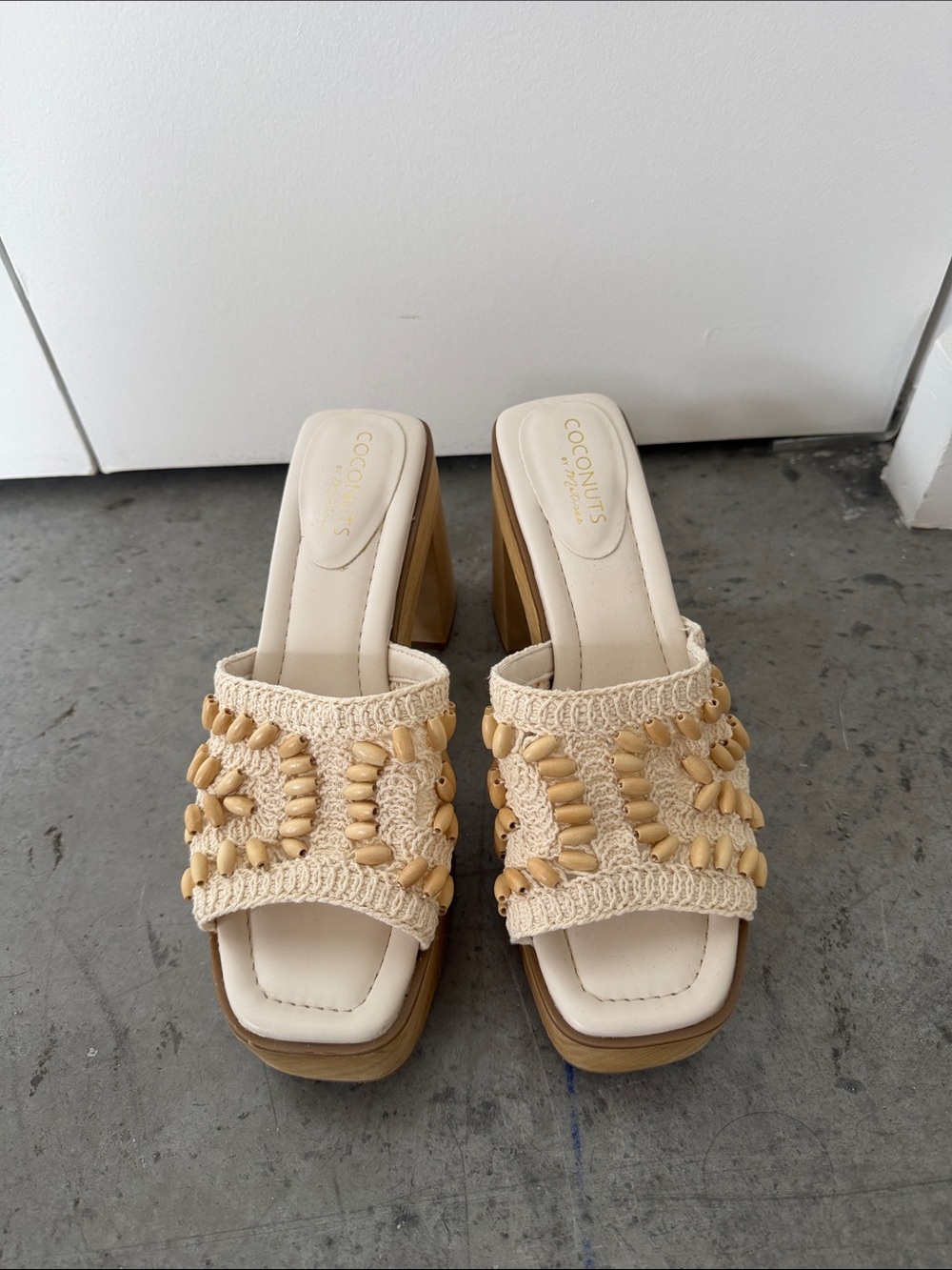 Coconuts by Matisse Cream Crochet Beaded Platform Mules